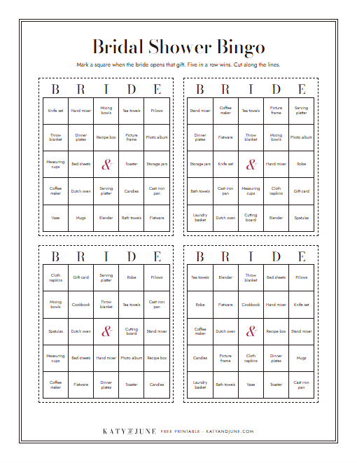 Page one of the free bridal shower games set: four bingo cards